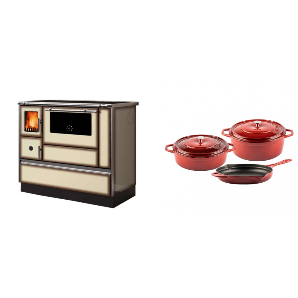 Set Küchenofen Alfa Plam Dominant 90H Light Mocha, 6.5kW + Gusseisen Topf Set aus 3 teilen Solagio, Rubin | Kaminofen - Holzofen mit Backfach | Kaminofen |