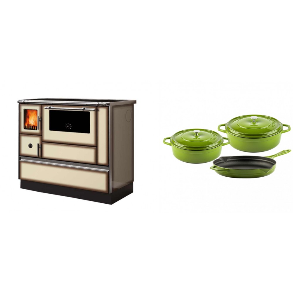 Set Küchenofen Alfa Plam Dominant 90H Light Mocha, 6.5kW + Gusseisen Topf Set aus 3 teilen Solagio, Bamboo | Kaminofen - Holzofen mit Backfach | Kaminofen |