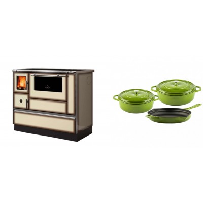 Set Küchenofen Alfa Plam Dominant 90H Light Mocha, 6.5kW + Gusseisen Topf Set aus 3 teilen Solagio, Bamboo - Kaminofen - Holzofen mit Backfach