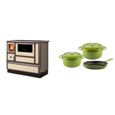 Set Küchenofen Alfa Plam Dominant 90H Light Mocha, 6.5kW + Gusseisen Topf Set aus 3 teilen Solagio, Bamboo - Kaminofen - Holzofen mit Backfach