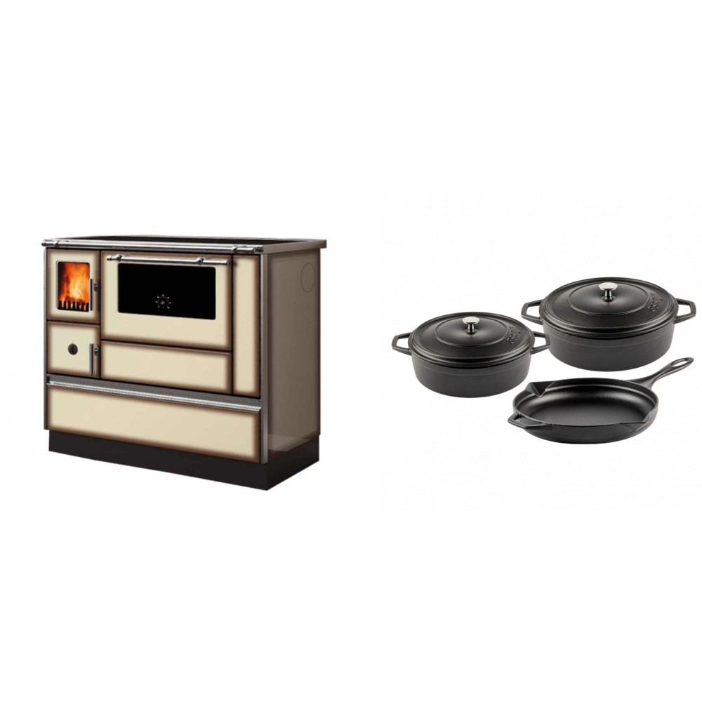 Set Küchenofen Alfa Plam Dominant 90H Light Mocha, 6.5kW + Gusseisen Topf Set aus 3 teilen Solagio, Black Onyx | Kaminofen - Holzofen mit Backfach | Kaminofen |