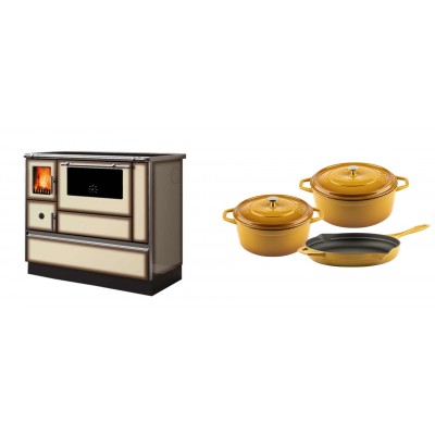 Set Küchenofen Alfa Plam Dominant 90H Light Mocha, 6.5kW + Gusseisen Topf Set aus 3 teilen Solagio, Dijon - Kaminofen - Holzofen mit Backfach