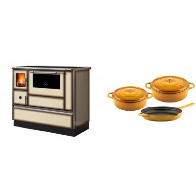 Set Küchenofen Alfa Plam Dominant 90H Light Mocha, 6.5kW + Gusseisen Topf Set aus 3 teilen Solagio, Dijon - Kaminofen - Holzofen mit Backfach