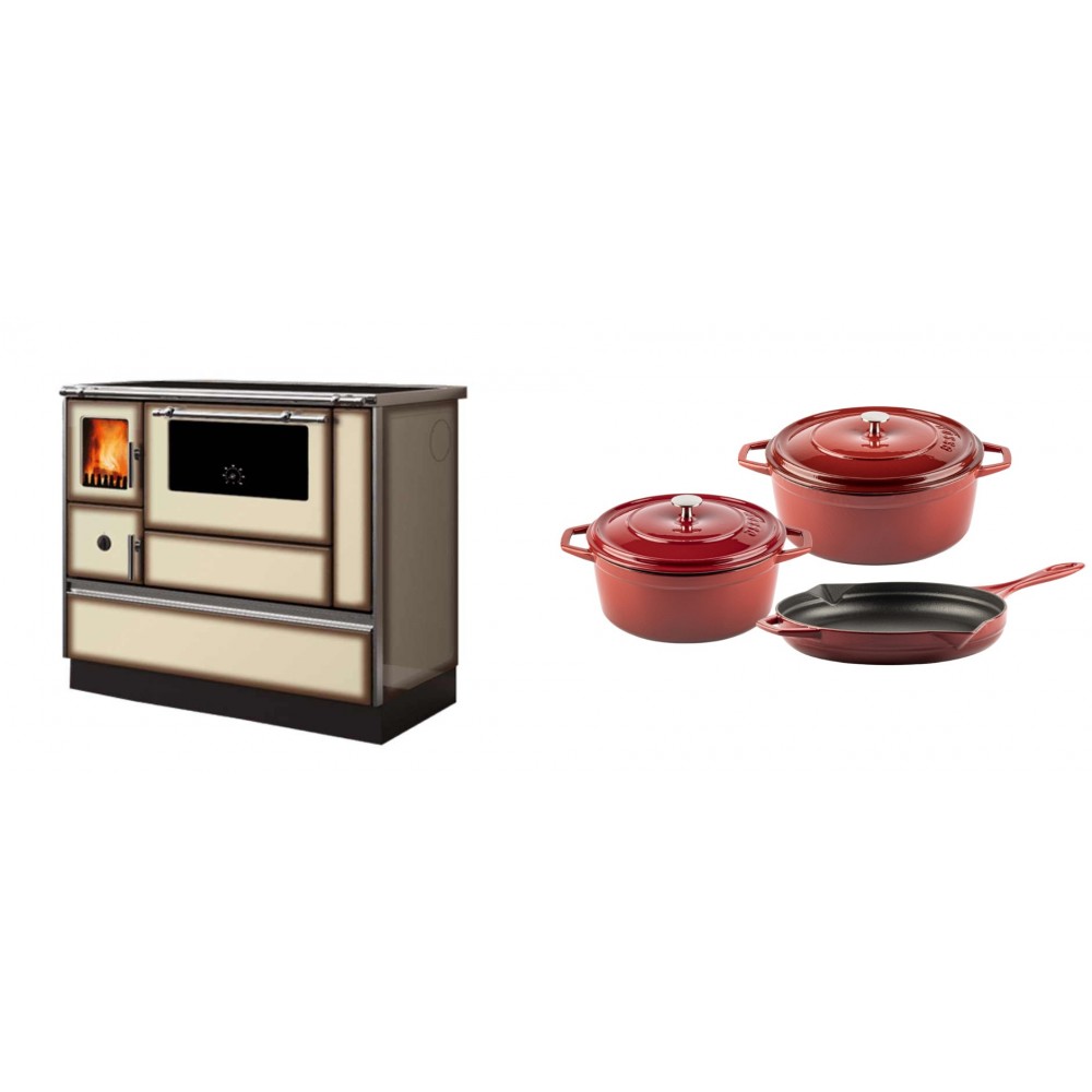 Set Küchenofen Alfa Plam Dominant 90H Light Mocha, 6.5kW + Gusseisen Topf Set aus 3 teilen Solagio, Rubin | Kaminofen - Holzofen mit Backfach | Kaminofen |