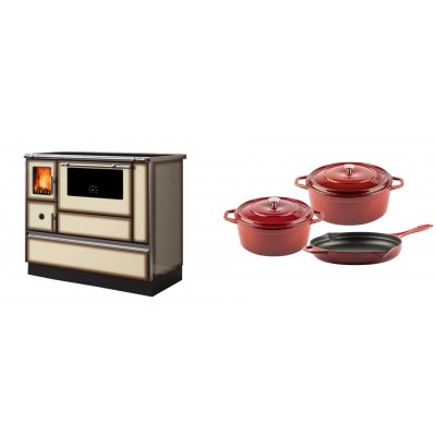 Set Küchenofen Alfa Plam Dominant 90H Light Mocha, 6.5kW + Gusseisen Topf Set aus 3 teilen Solagio, Rubin - Kaminofen - Holzofen mit Backfach