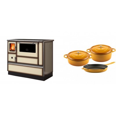 Set Küchenofen Alfa Plam Dominant 90H Light Mocha, 6.5kW + Gusseisen Topf Set aus 3 teilen Solagio, Dijon - Kaminofen - Holzofen mit Backfach