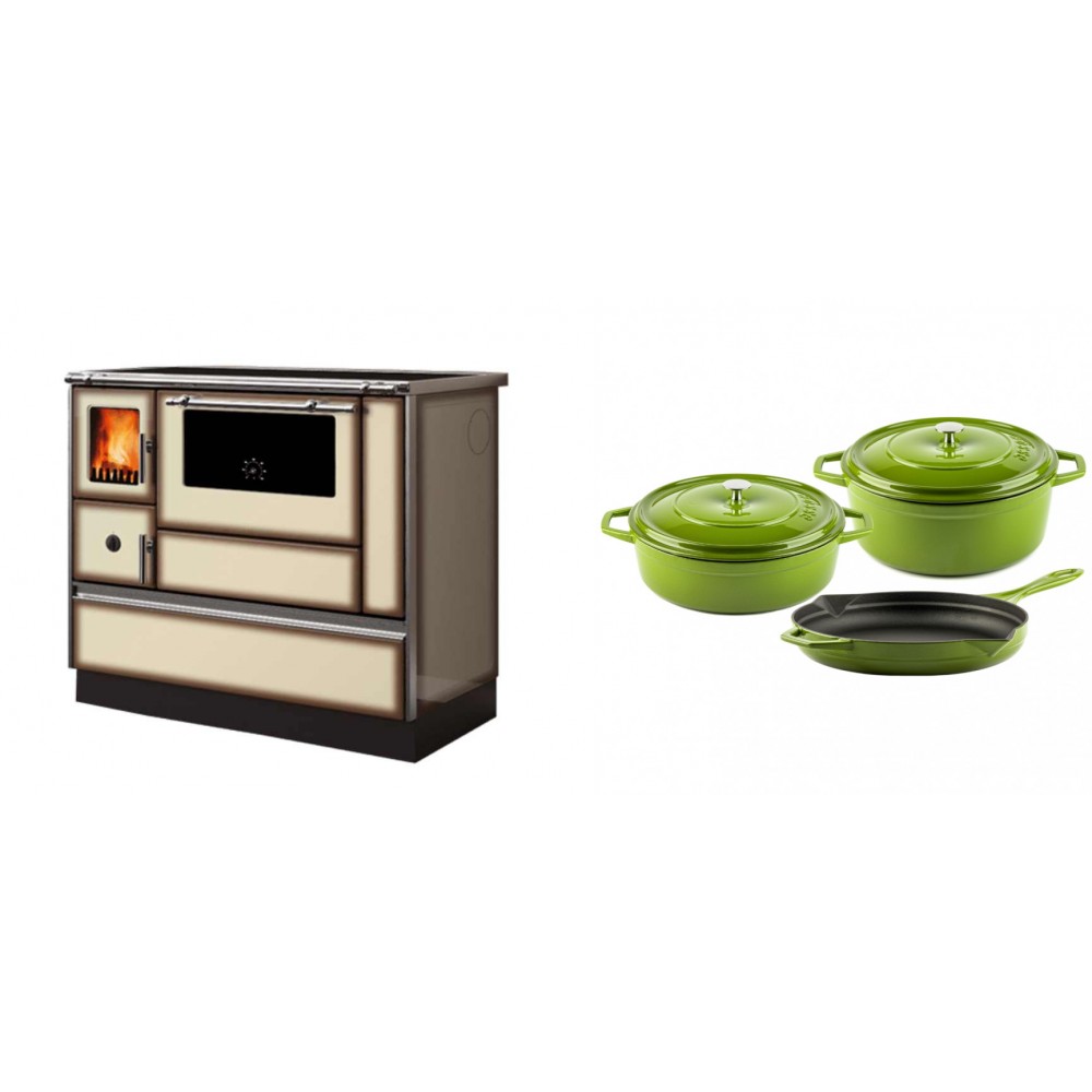 Set Küchenofen Alfa Plam Dominant 90H Light Mocha, 6.5kW + Gusseisen Topf Set aus 3 teilen Solagio, Bamboo | Kaminofen - Holzofen mit Backfach | Kaminofen |