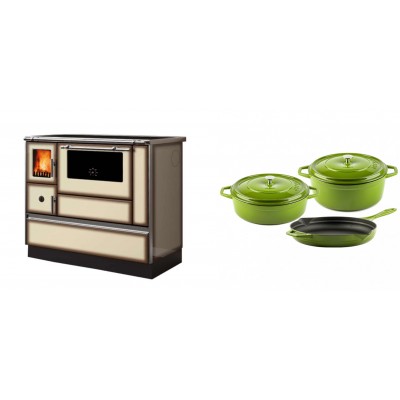 Set Küchenofen Alfa Plam Dominant 90H Light Mocha, 6.5kW + Gusseisen Topf Set aus 3 teilen Solagio, Bamboo - Kaminofen - Holzofen mit Backfach