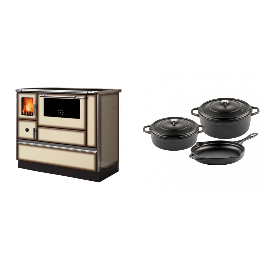 Set Küchenofen Alfa Plam Dominant 90H Light Mocha, 6.5kW + Gusseisen Topf Set aus 3 teilen Solagio, Black Onyx