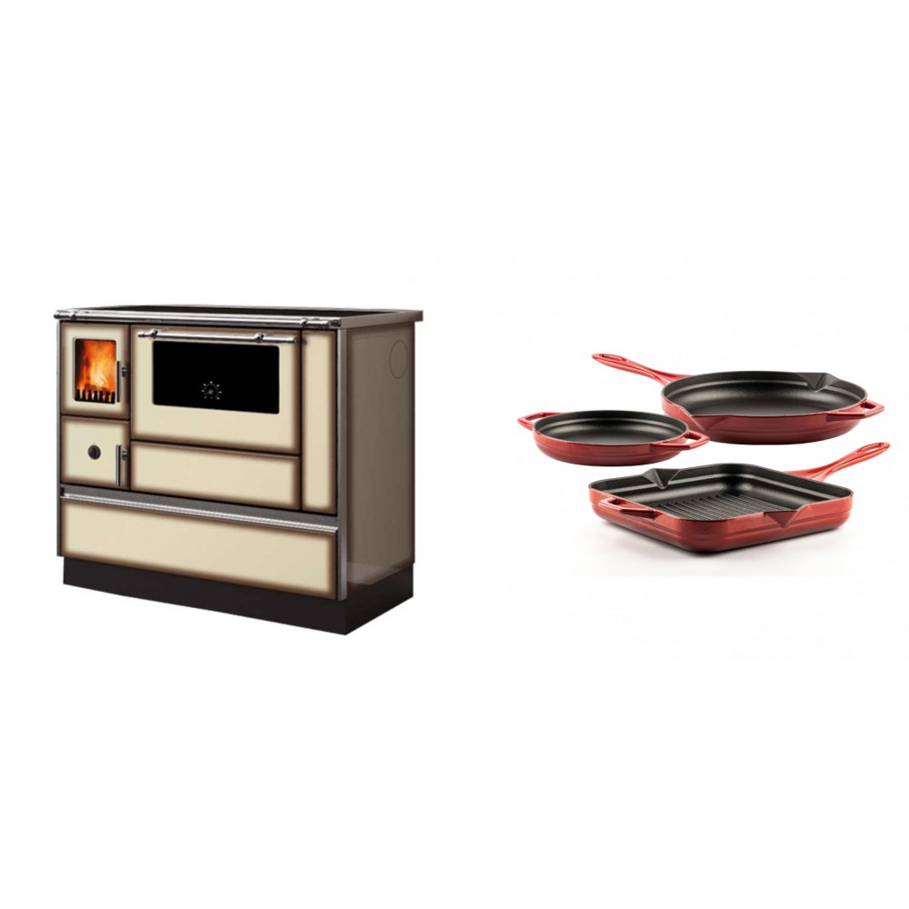 Set Küchenofen Alfa Plam Dominant 90H Light Mocha, 6.5kW + Gusseisen Topf Set aus 3 teilen Solagio, Rubin | Kaminofen - Holzofen mit Backfach | Kaminofen |