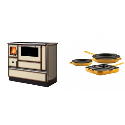 Set Küchenofen Alfa Plam Dominant 90H Light Mocha, 6.5kW + Gusseisen Topf Set aus 3 teilen Solagio, Dijon - Kaminofen - Holzofen mit Backfach