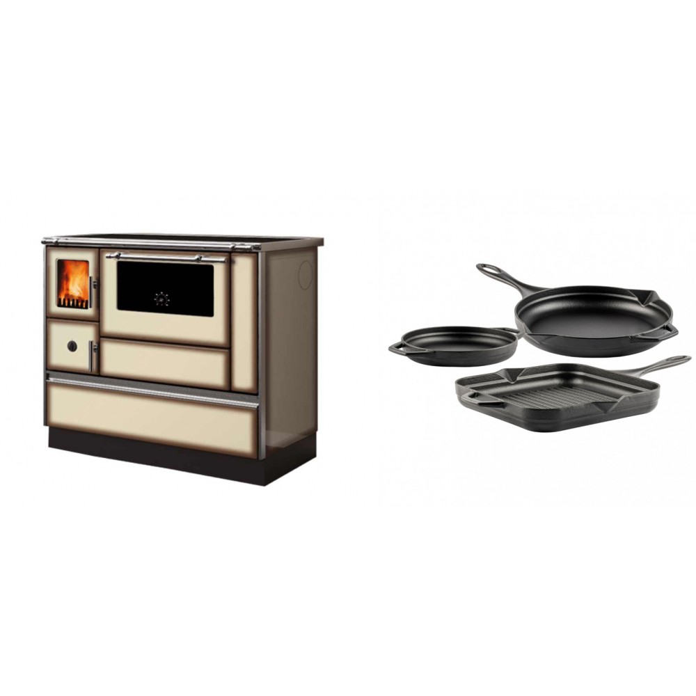 Set Küchenofen Alfa Plam Dominant 90H Light Mocha, 6.5kW + Gusseisen Topf Set aus 3 teilen Solagio, Black Onyx