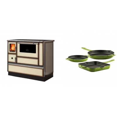 Set Küchenofen Alfa Plam Dominant 90H Light Mocha, 6.5kW + Gusseisen Topf Set aus 3 teilen Solagio, Bamboo - Kaminofen - Holzofen mit Backfach