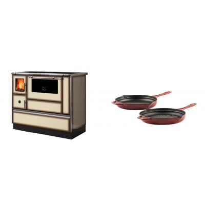 Set Küchenofen Alfa Plam Dominant 90H Light Mocha, 6.5kW + Gusseisen Topf Set aus 2 teilen Solagio, Rubin - Kaminofen - Holzofen mit Backfach