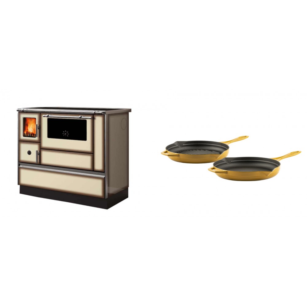 Set Küchenofen Alfa Plam Dominant 90H Light Mocha, 6.5kW + Gusseisen Topf Set aus 2 teilen Solagio, Dijon