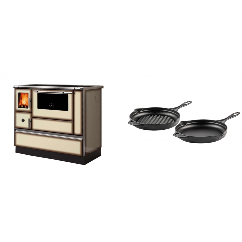 Set Küchenofen Alfa Plam Dominant 90H Light Mocha, 6.5kW + Gusseisen Topf Set aus 2 teilen Solagio, Black Onyx | Kaminofen - Holzofen mit Backfach | Kaminofen |