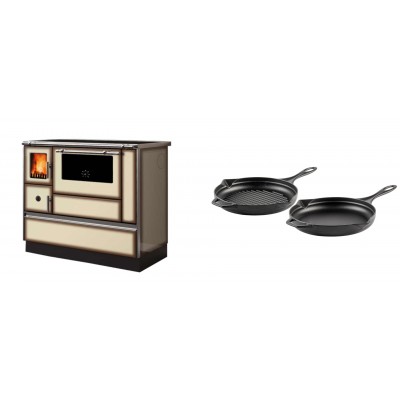 Set Küchenofen Alfa Plam Dominant 90H Light Mocha, 6.5kW + Gusseisen Topf Set aus 2 teilen Solagio, Black Onyx - Kaminofen - Holzofen mit Backfach