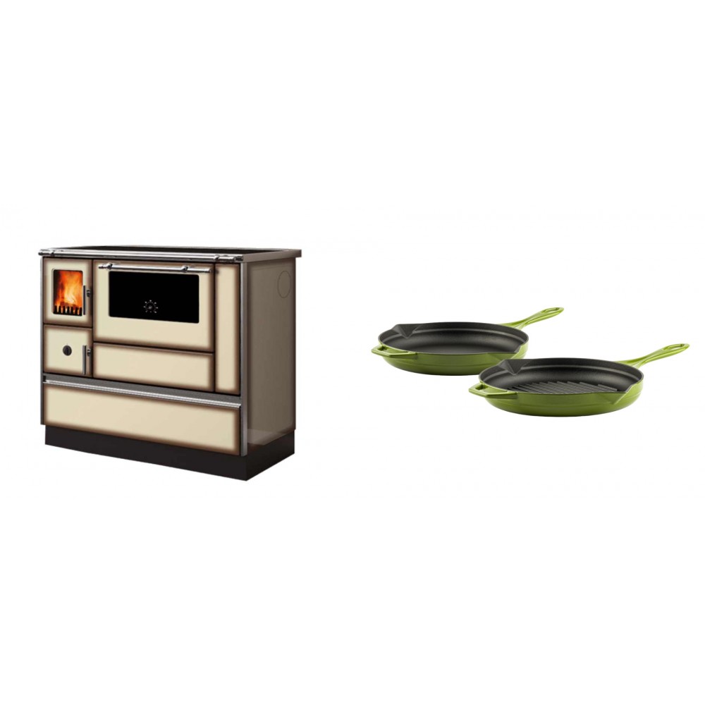 Set Küchenofen Alfa Plam Dominant 90H Light Mocha, 6.5kW + Gusseisen Topf Set aus 2 teilen Solagio, Bamboo | Kaminofen - Holzofen mit Backfach | Kaminofen |