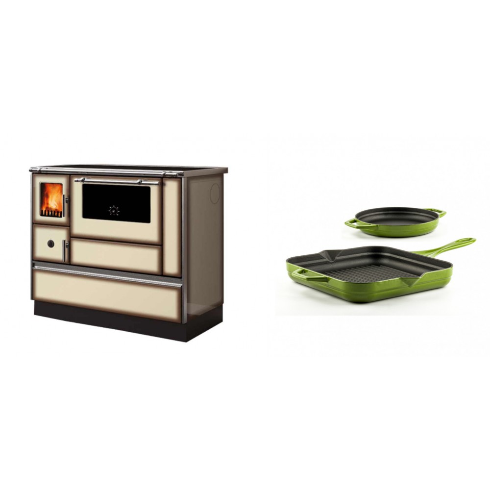 Set Küchenofen Alfa Plam Dominant 90H Light Mocha, 6.5kW + Gusseisen Topf Set aus 2 teilen Solagio, Bamboo | Kaminofen - Holzofen mit Backfach | Kaminofen |