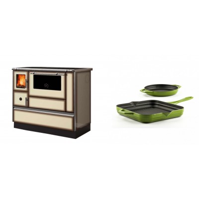 Set Küchenofen Alfa Plam Dominant 90H Light Mocha, 6.5kW + Gusseisen Topf Set aus 2 teilen Solagio, Bamboo - Kaminofen - Holzofen mit Backfach