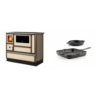 Set Küchenofen Alfa Plam Dominant 90H Light Mocha, 6.5kW + Gusseisen Topf Set aus 2 teilen Solagio, Black Onyx - Kaminofen - Holzofen mit Backfach