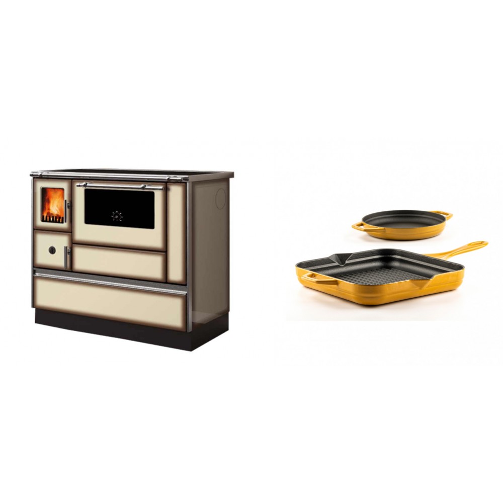 Set Küchenofen Alfa Plam Dominant 90H Light Mocha, 6.5kW + Gusseisen Topf Set aus 2 teilen Solagio, Dijon | Kaminofen - Holzofen mit Backfach | Kaminofen |