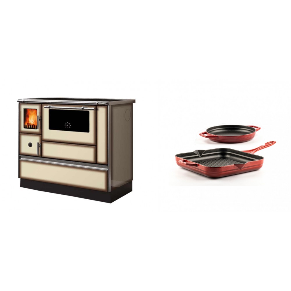 Set Küchenofen Alfa Plam Dominant 90H Light Mocha, 6.5kW + Gusseisen Topf Set aus 2 teilen Solagio, Rubin