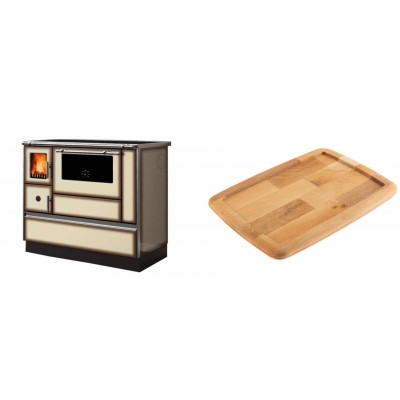 Set Küchenofen Alfa Plam Dominant 90H Light Mocha, 6.5kW + Holz untersetzer für gusseisenplatte Solagio HSST2131 - Kaminofen - Holzofen mit Backfach