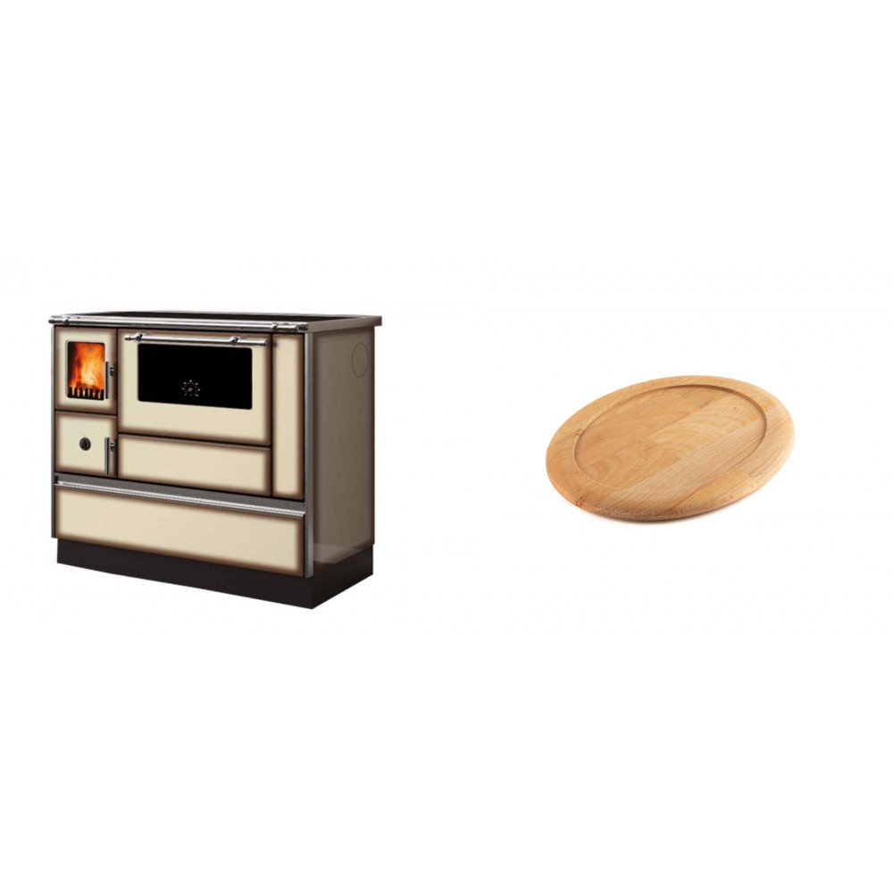 Set Küchenofen Alfa Plam Dominant 90H Light Mocha, 6.5kW + Holz untersetzer für ovale gusseisenpfanne Solagio HSFT1825 | Kaminofen - Holzofen mit Backfach | Kaminofen |