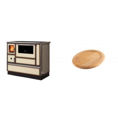 Set Küchenofen Alfa Plam Dominant 90H Light Mocha, 6.5kW + Holz untersetzer für ovale gusseisenpfanne Solagio HSFT1825 - Kaminofen - Holzofen mit Backfach