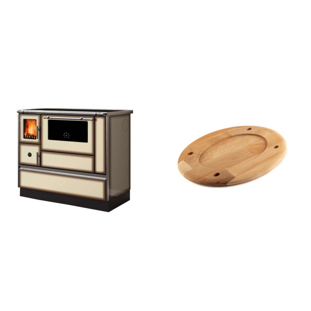 Set Küchenofen Alfa Plam Dominant 90H Light Mocha, 6.5kW + Holz untersetzer für ovale platte Solagio HSOISK2533, 25x33cm | Kaminofen - Holzofen mit Backfach | Kaminofen |