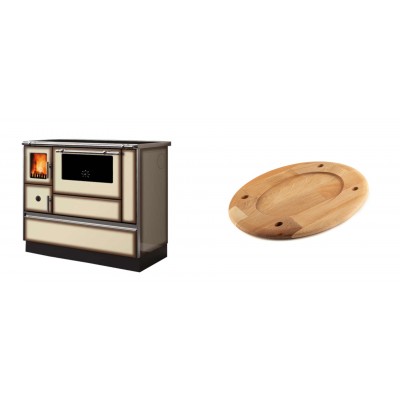 Set Küchenofen Alfa Plam Dominant 90H Light Mocha, 6.5kW + Holz untersetzer für ovale platte Solagio HSOISK2533, 25x33cm - Kaminofen - Holzofen mit Backfach