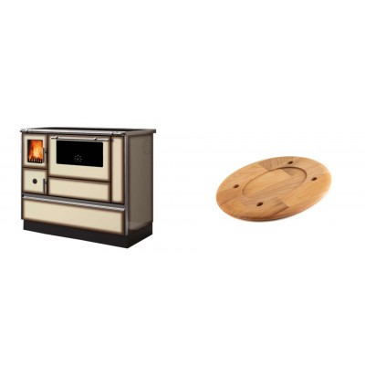 Set Küchenofen Alfa Plam Dominant 90H Light Mocha, 6.5kW + Holz untersetzer für ovale platte Solagio HSOISK1728, 17x28cm - Kaminofen - Holzofen mit Backfach