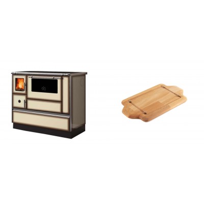 Set Küchenofen Alfa Plam Dominant 90H Light Mocha, 6.5kW + Holz untersetzer für mini-gusseisenplatte Solagio HSDDHP1522 - Kaminofen - Holzofen mit Backfach