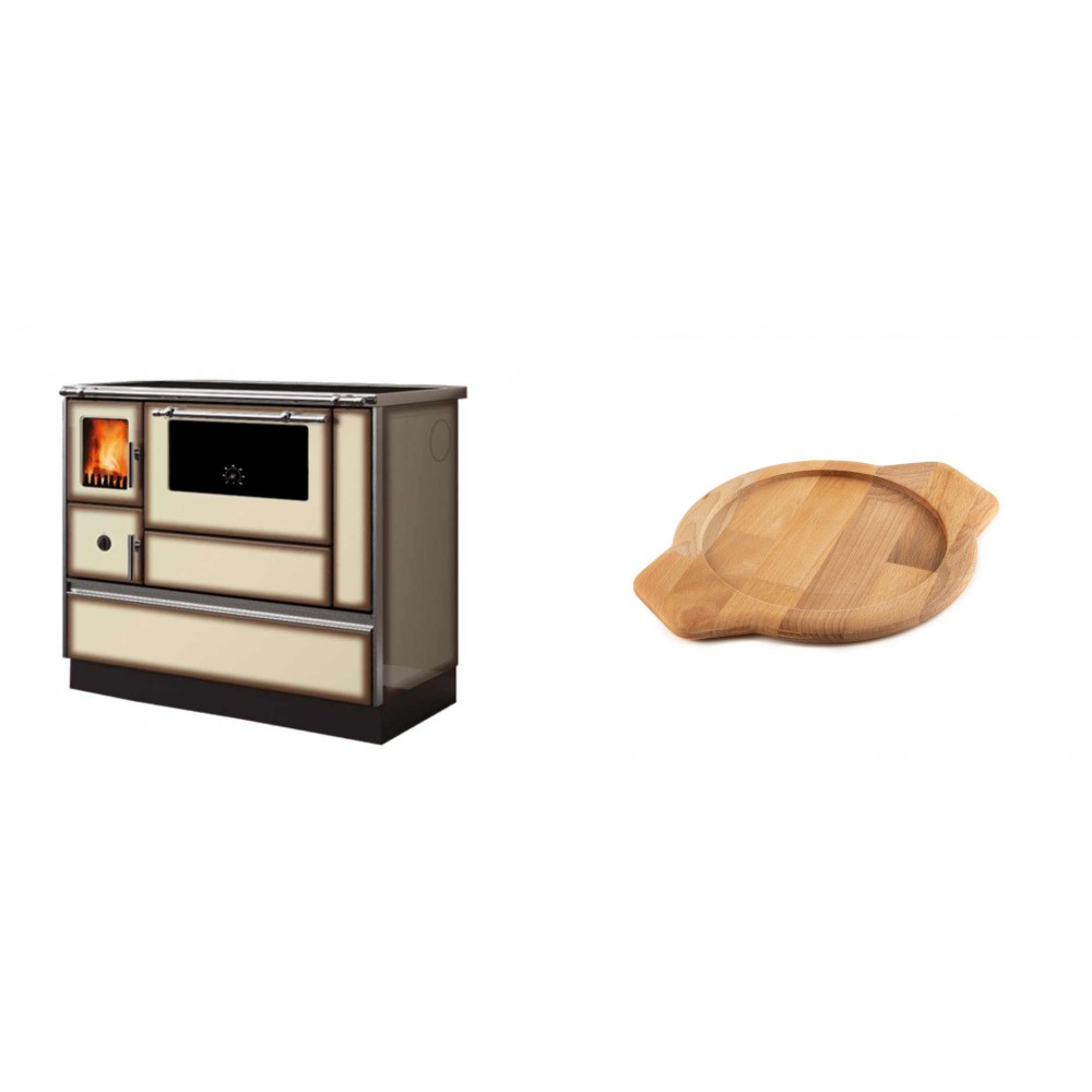 Set Küchenofen Alfa Plam Dominant 90H Light Mocha, 6.5kW + Holz untersetzer für gusseisenschüssel Solagio HSYKTV22 | Kaminofen - Holzofen mit Backfach | Kaminofen |