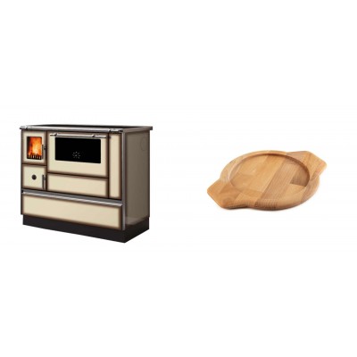 Set Küchenofen Alfa Plam Dominant 90H Light Mocha, 6.5kW + Holz untersetzer für gusseisenschüssel Solagio HSYKTV22 - Kaminofen - Holzofen mit Backfach