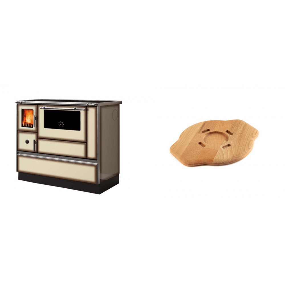 Set Küchenofen Alfa Plam Dominant 90H Light Mocha, 6.5kW + Holz untersetzer für gusseisenplatte Solagio HSYSAK20 | Kaminofen - Holzofen mit Backfach | Kaminofen |