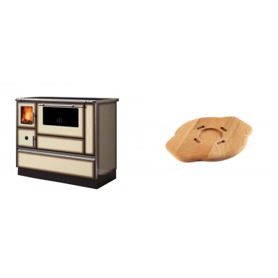 Set Küchenofen Alfa Plam Dominant 90H Light Mocha, 6.5kW + Holz untersetzer für gusseisenplatte Solagio HSYSAK20 - Kaminofen - Holzofen mit Backfach