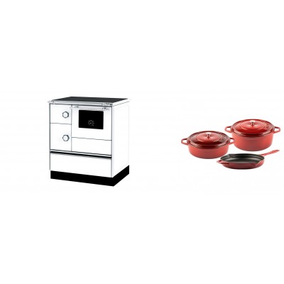 Set Küchenofen Alfa Plam Alfa 70 ET, 12.7kW + Gusseisen Topf Set aus 3 teilen Solagio, Rubin - Kaminofen - Holzofen mit Backfach