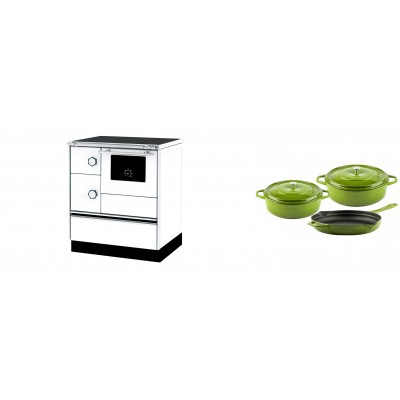 Set Küchenofen Alfa Plam Alfa 70 ET, 12.7kW + Gusseisen Topf Set aus 3 teilen Solagio, Bamboo - Kaminofen - Holzofen mit Backfach