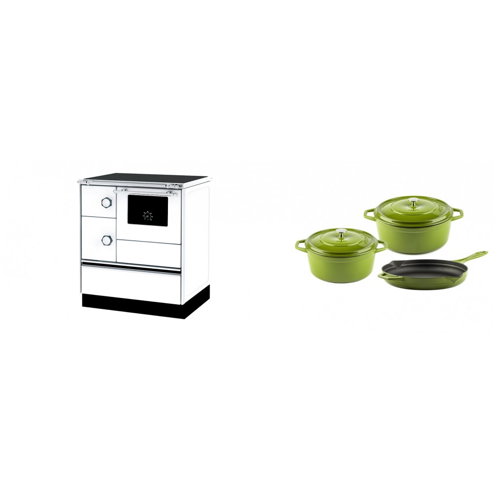 Set Küchenofen Alfa Plam Alfa 70 ET, 12.7kW + Gusseisen Topf Set aus 3 teilen Solagio, Bamboo | Kaminofen - Holzofen mit Backfach | Kaminofen |