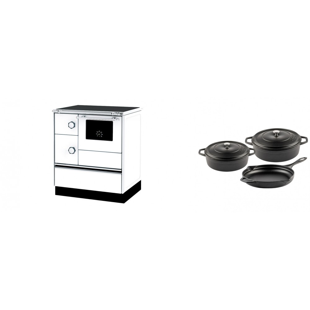 Set Küchenofen Alfa Plam Alfa 70 ET, 12.7kW + Gusseisen Topf Set aus 3 teilen Solagio, Black Onyx | Kaminofen - Holzofen mit Backfach | Kaminofen |
