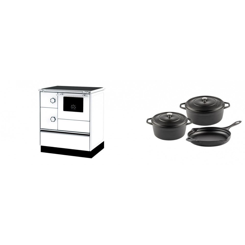 Set Küchenofen Alfa Plam Alfa 70 ET, 12.7kW + Gusseisen Topf Set aus 3 teilen Solagio, Black Onyx | Kaminofen - Holzofen mit Backfach | Kaminofen |
