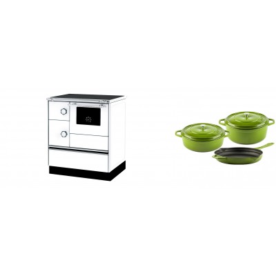 Set Küchenofen Alfa Plam Alfa 70 ET, 12.7kW + Gusseisen Topf Set aus 3 teilen Solagio, Bamboo - Kaminofen - Holzofen mit Backfach