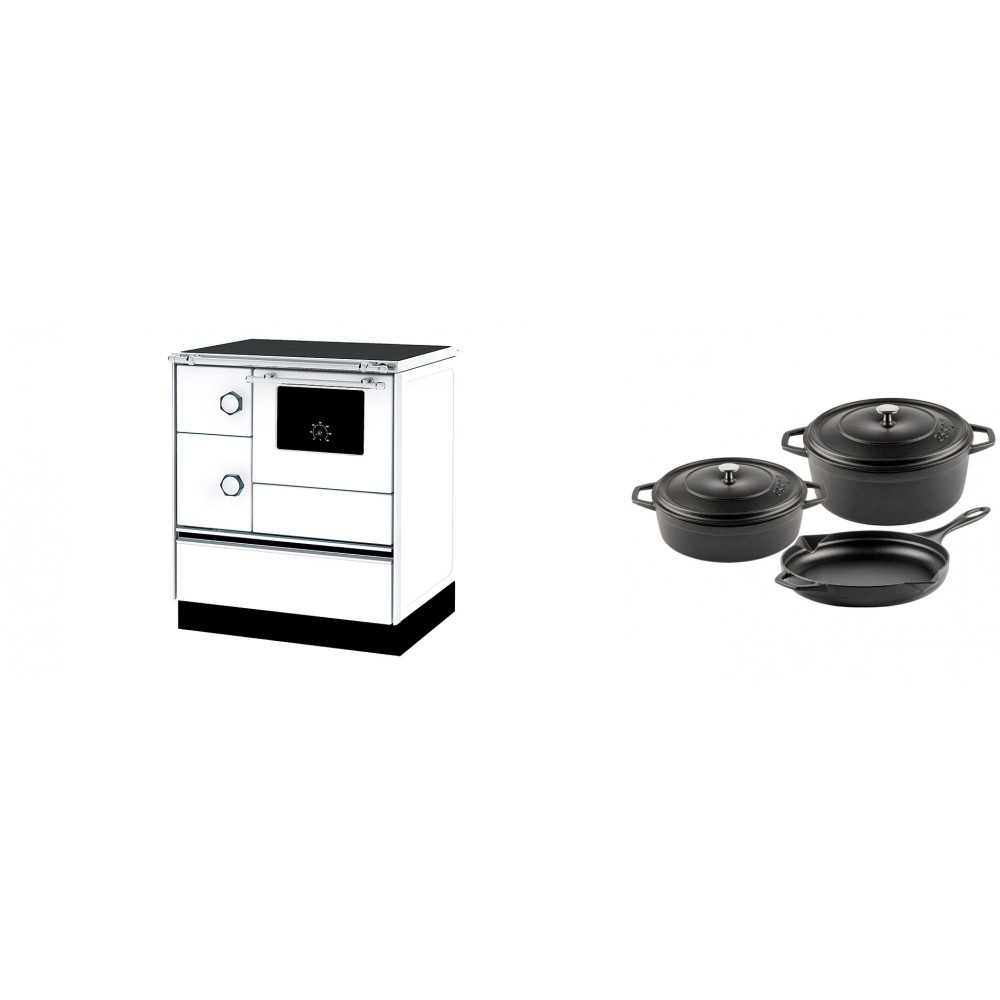Set Küchenofen Alfa Plam Alfa 70 ET, 12.7kW + Gusseisen Topf Set aus 3 teilen Solagio, Black Onyx | Kaminofen - Holzofen mit Backfach | Kaminofen |