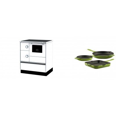 Set Küchenofen Alfa Plam Alfa 70 ET, 12.7kW + Gusseisen Topf Set aus 3 teilen Solagio, Bamboo - Kaminofen - Holzofen mit Backfach