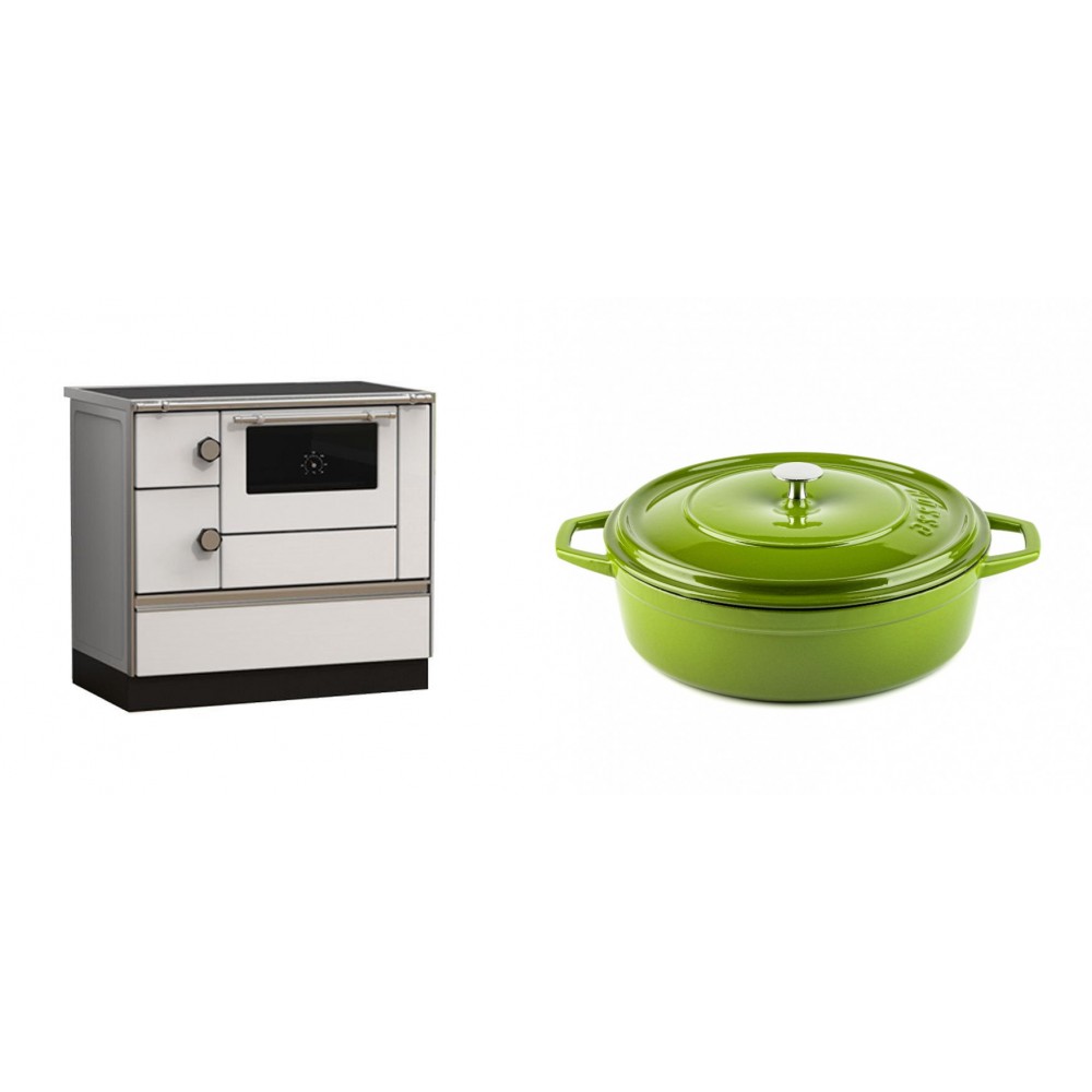 Set Küchenofen Alfa Plam Alfa 90 HET, 14.39kW + Gusseisen Topf Flach Solagio, Bamboo, Ф26 | Kaminofen - Holzofen mit Backfach | Kaminofen |