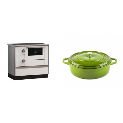 Set Küchenofen Alfa Plam Alfa 90 HET, 14.39kW + Gusseisen Topf Flach Solagio, Bamboo, Ф26 - Kaminofen - Holzofen mit Backfach