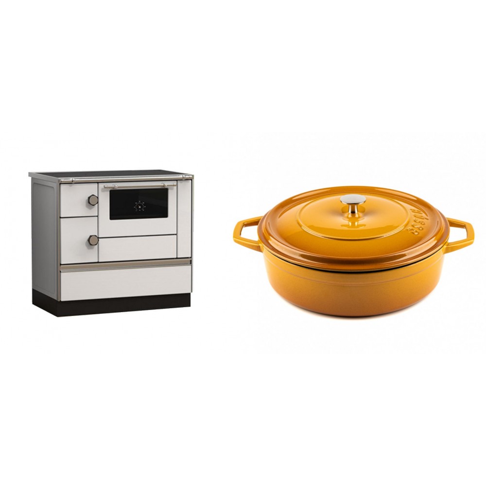 Set Küchenofen Alfa Plam Alfa 90 HET, 14.39kW + Gusseisen Topf Flach Solagio, Dijon, Ф28 | Kaminofen - Holzofen mit Backfach | Kaminofen |