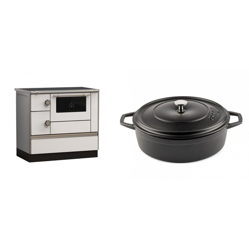 Set Küchenofen Alfa Plam Alfa 90 HET, 14.39kW + Gusseisen Topf Flach Solagio, Black Onyx, Ф28